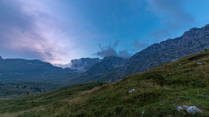 Fototapeta na wymiar Sunset in the Montasio group in the Julian Alps