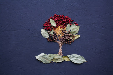 A tree lined with different spices is located on a dark surface. Culinary art.