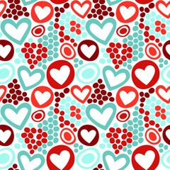 Seamless vector pattern with hearts, spots and ovals.