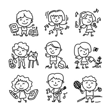 Happy kid cartoon doodle vector collection. various activities such us Watering plants, singing, reading books, exercising, dancing and painting