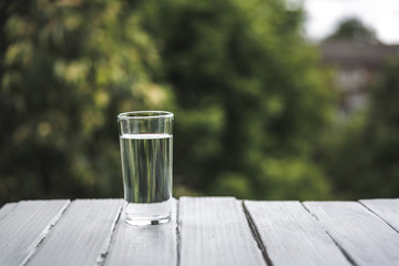 A glass with clean drinking water, a natural green floral background.