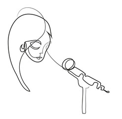 One continuous line drawing of singer woman.  Simple line art drawing of musician woman singing a song.