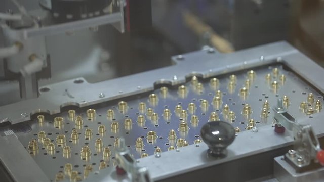 Close-up Macro Shot of Electronic Factory Machine at Work. Pich and Place Mashine