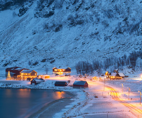 Grotfjord Village At Christmas Time,   Winter Landscape,  Kvaloya, Troms, Norway