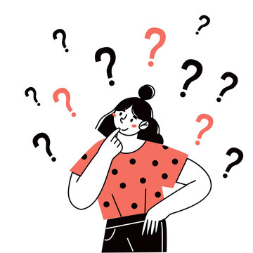 Thinking girl, woman asks questions. Flat cartoon style vector illustration.