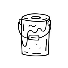 Bucket of paint, repairing tool, instrument cartoon cute hand drawn doodle vector illustration, element, sticker, icon. Black monochrome design. Isolated on white background. Easy to change color. 