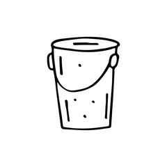 Bucketful for garden vector doodle line art illustration, sticker, icon. Isolated on white background. Easy to change color. Design element. Gardening tools for small home garden. Hand drawn. 