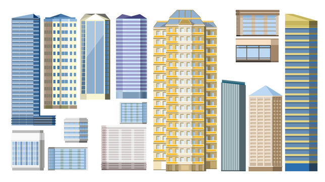 City buildings. Set. Isolated vector. Residential multi-storey apartment buildings. Office centers. Town. Supermarkets, hotels. kit of 14 designs.