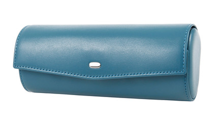 Closed light blue leather eyeglasses case