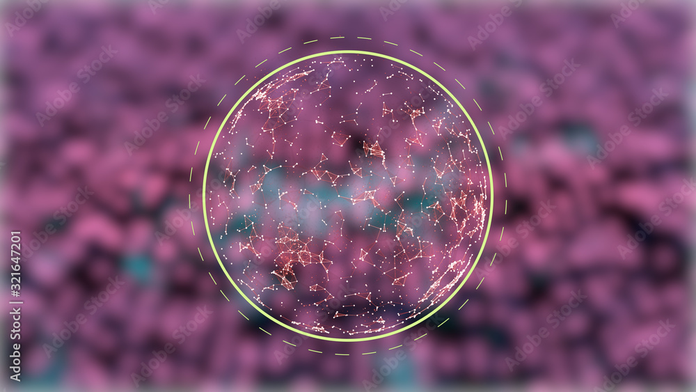Poster abstract globe in triangular network connections flickering on blurred pink dots background.