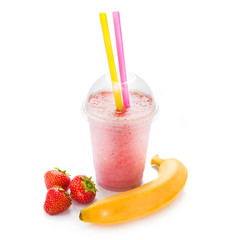 Milkshake with banana and strawberries, isolated on white background