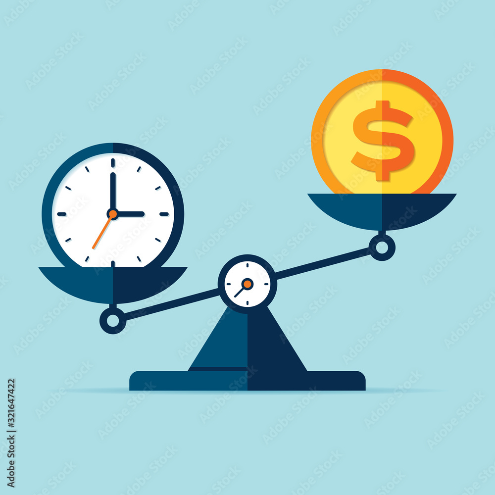 Poster time is money. scales icon in flat style. libra symbol, balance sign. time management. dollar and ti