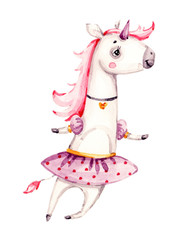 Cute watercolor Unicorn pony child princess angel animal, sweet pastel color. watercolour Illustration. Doodle Nursery decoration, hand drawn. For kid greeting card, Print t shirt, fashion artworks.