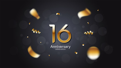 16th anniversary celebration Gold numbers editable vector EPS 10 shadow and sparkling confetti with bokeh light black background. modern elegant design for wedding party or company event decoration