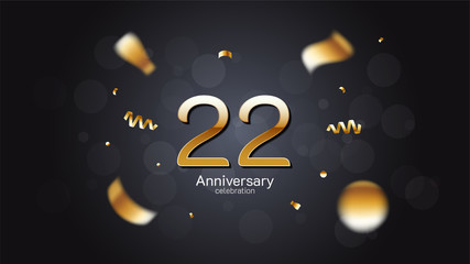 22nd anniversary celebration Gold numbers editable vector EPS 10 shadow and sparkling confetti with bokeh light black background. modern elegant design for wedding party or company event decoration