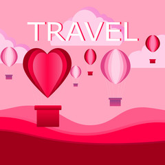 Pink mountains, white clouds, lots of balloons. Drawing about a journey in the sky. With the words: Travel