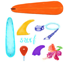 Hand drawn digital surf equipment set. Longboards, retro shape board, hibiscus flower, fins, key and leash, isolated on white background.