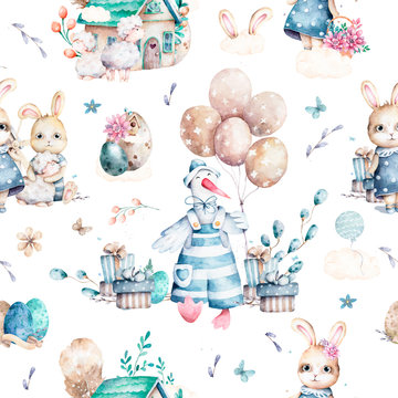 Cute baby sheep and bunnies animal seamless pattern, farm illustration for children clothing. Farm watercolor Hand drawn boho image for cases design, nursery posters, postcards