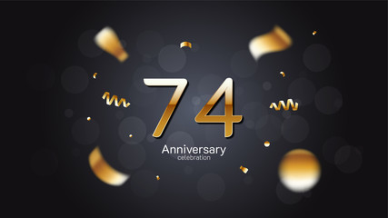 74th anniversary celebration Gold numbers editable vector EPS 10 shadow and sparkling confetti with bokeh light black background. modern elegant design for wedding party or company event decoration