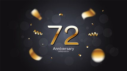 72nd anniversary celebration Gold numbers editable vector EPS 10 shadow and sparkling confetti with bokeh light black background. modern elegant design for wedding party or company event decoration