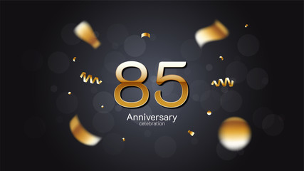 85th anniversary celebration Gold numbers editable vector EPS 10 shadow and sparkling confetti with bokeh light black background. modern elegant design for wedding party or company event decoration