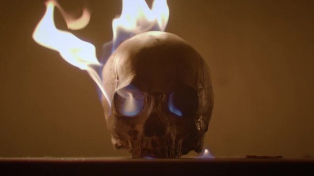 Burning human skull closeup photo