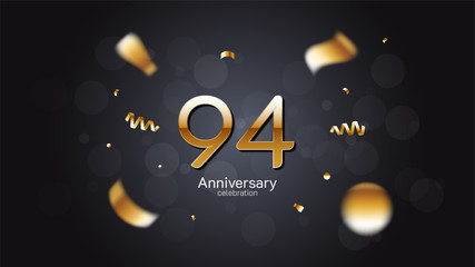 94th anniversary celebration Gold numbers editable vector EPS 10 shadow and sparkling confetti with bokeh light black background. modern elegant design for wedding party or company event decoration