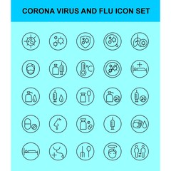 Corona virus and flu icon set in outline style. hand, sanitizer, hand wash, healthy, medical, doctor, rest, cold, flu, lung, sick, headache, stethoscope, vaccine, tablet, peel, drugs, hospital.