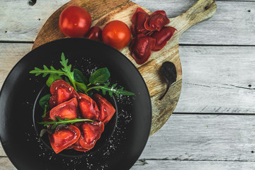 red, heart-shaped tomato ravioli