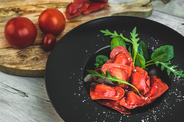 red, heart-shaped tomato ravioli
