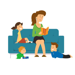 mom reads a fairy tale to children sitting on the couch.