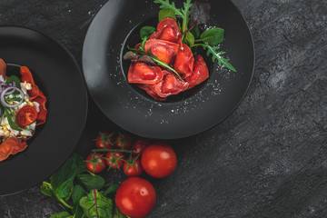 red, heart-shaped tomato ravioli