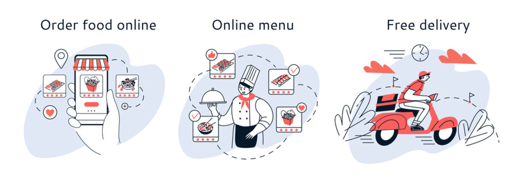 Ordering food online, meal selection online, home delivery.