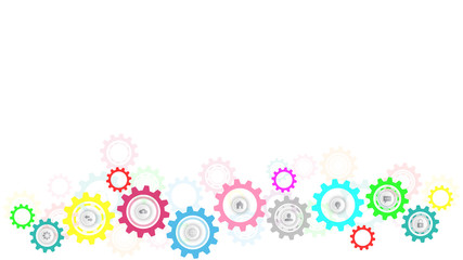 Information technology with infographic elements and flat icons. Cogs and gear wheel mechanisms. Hi-tech digital technology and engineering. Abstract technical background.