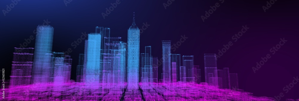 Sticker Neon colored city 3D. Finance business and technology city, futuristic smart digital city sci-fi theme web banner wide screen background.