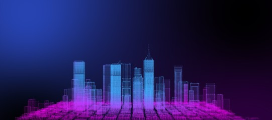 Neon colored city 3D. Finance business and technology city, futuristic smart digital city sci-fi...