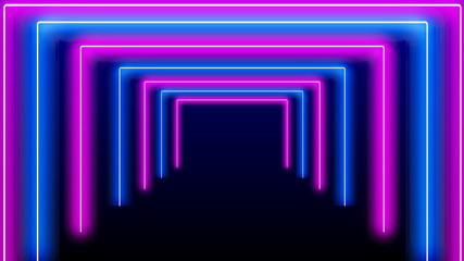 Neon light colorful blue pink flash tunnel catwalk stage. Futuristic disco techno 3D loop blue pink...