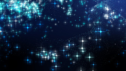 Spark blue magic particle stars dust blur bokeh night sky for web banner widescreen background. 3D...