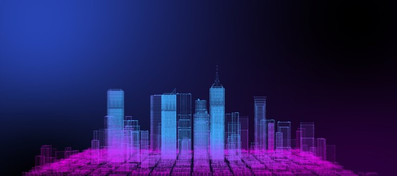 Neon colored city 3D. Finance business and technology city, futuristic smart digital city sci-fi theme web banner wide screen background.