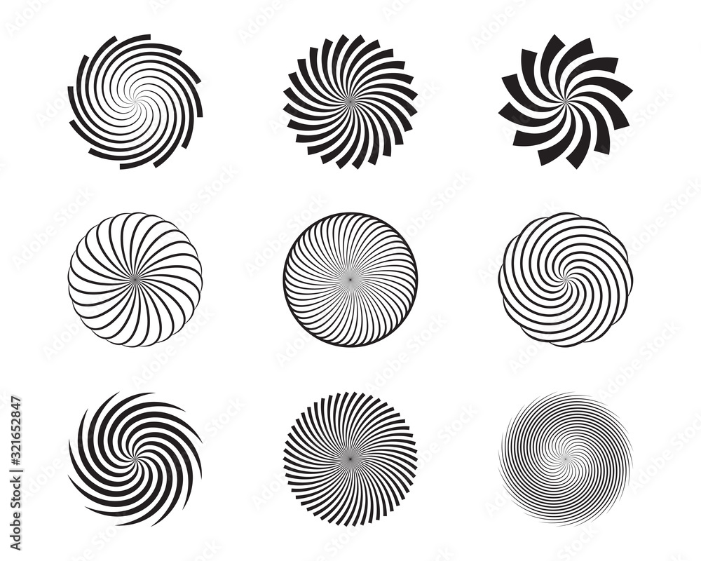 Poster spiral and swirl motion twisting circles design element set. vector illustration.