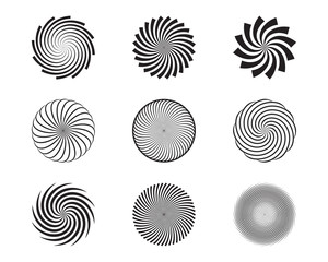 Spiral and swirl motion twisting circles design element set. Vector illustration.
