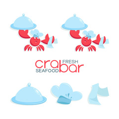 Set. Red crab chef. Fresh seafood. Vector Red crab in a hat holds a dish. Design for poster, banner, cookbook, menu. Illustration isolated on white background.