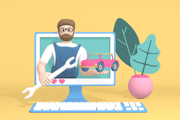 3D rendering character car blogger channel. A cartoon man in the monitor shows a transport and a tool. Abstract minimal concept of repair, service, advice, training.