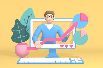 3D rendering character financial blogger channel. A cartoon man in the monitor shows a graph rising. Abstract minimal internet business concept.