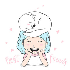 Cute girl with blue hair and a cat on her head.