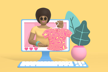 3D rendering character blogger channel fashion and style. A cartoon woman in a monitor shows her fashionable clothes. Abstract minimal concept of trend, beauty, luxury, advice, training.