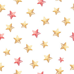 Obraz premium watercolor hand drawn red and yellow stars seamless pattern on white background for baby textile,fabric,wrapping paper, cards,scrapbooking