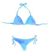 watercolor hand drawn blue two piece swimsuit isolated on white background. Female bikini costume for swimming 