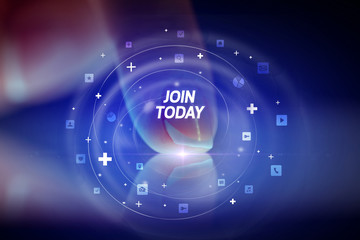 Finger touching tablet with social media icons and JOIN TODAY