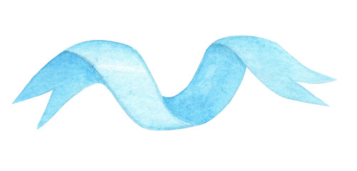 watercolor hand drawn blue curly ribbon on white background